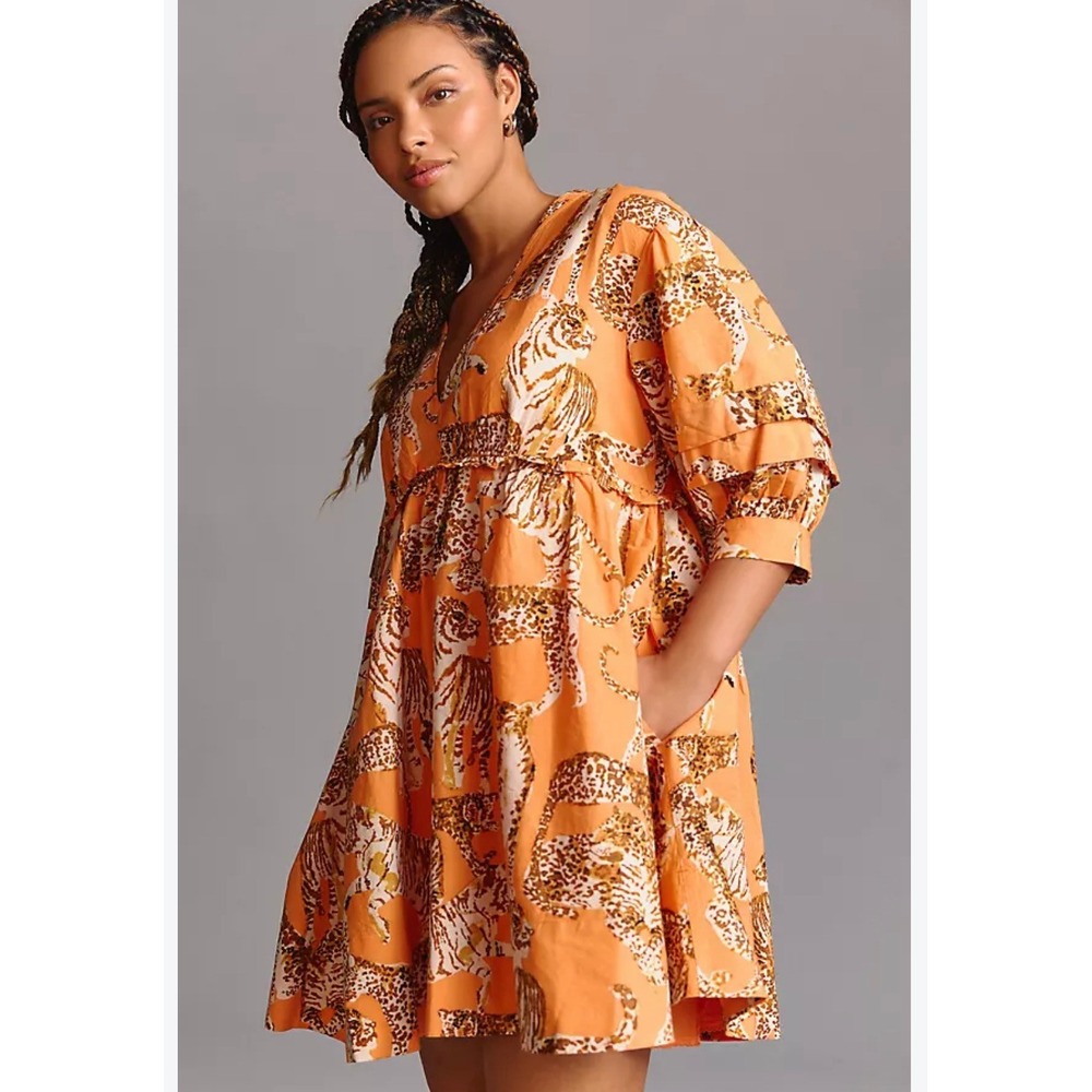 Maeve Anthropologie Orange Animal Print Tiger Leopard Mini Babydoll Dress SP